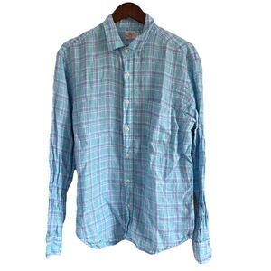 Faherty Men’s Large Blue & Purple Plaid 100% Linen Button Down Long Sleeve